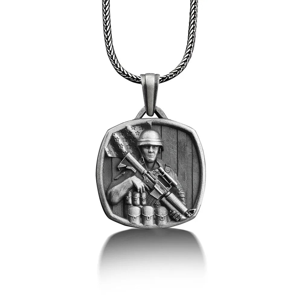 Men's Army Pendant Necklace Hip Hop Stainless Steel Chain Tin Charm Jewelry for Halloween