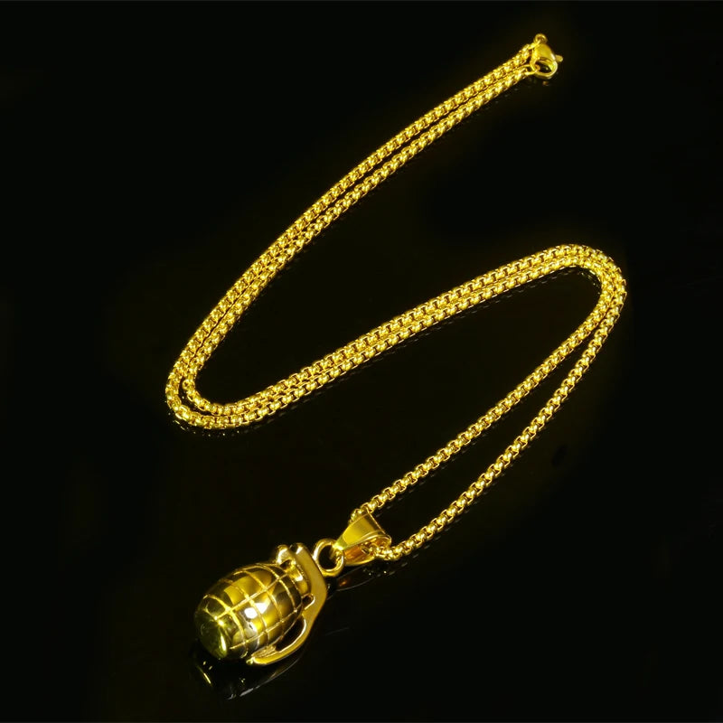 Stainless Steel, Military Men's, Hand Grenade Warrior Necklace