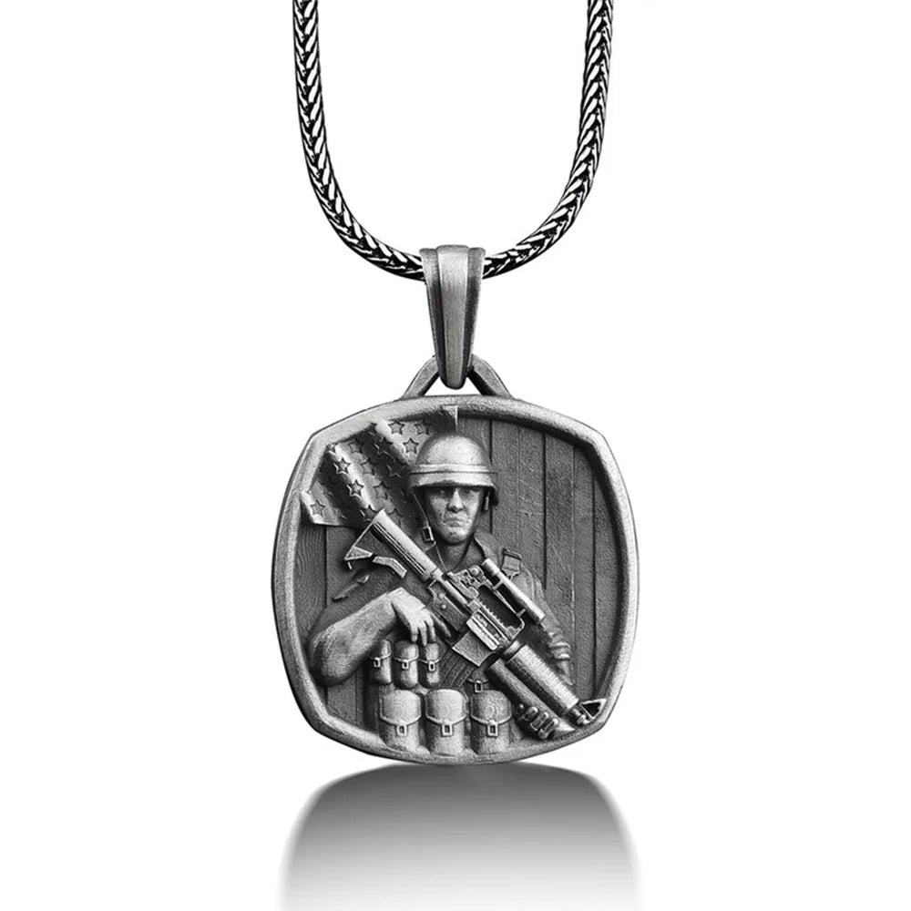 Men's Army Pendant Necklace Hip Hop Stainless Steel Chain Tin Charm Jewelry for Halloween