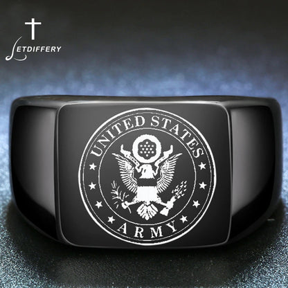 Stainless Steel, US Army Military Veteran Ring For Men, Cool Custom Engraved Signet Ring