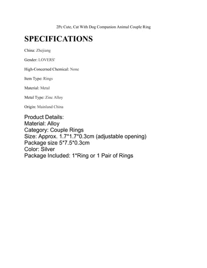 2Pc Cute, Stainless Steel,  Cat With Dog, Companion Animal Couple Ring...Hypoallergenic