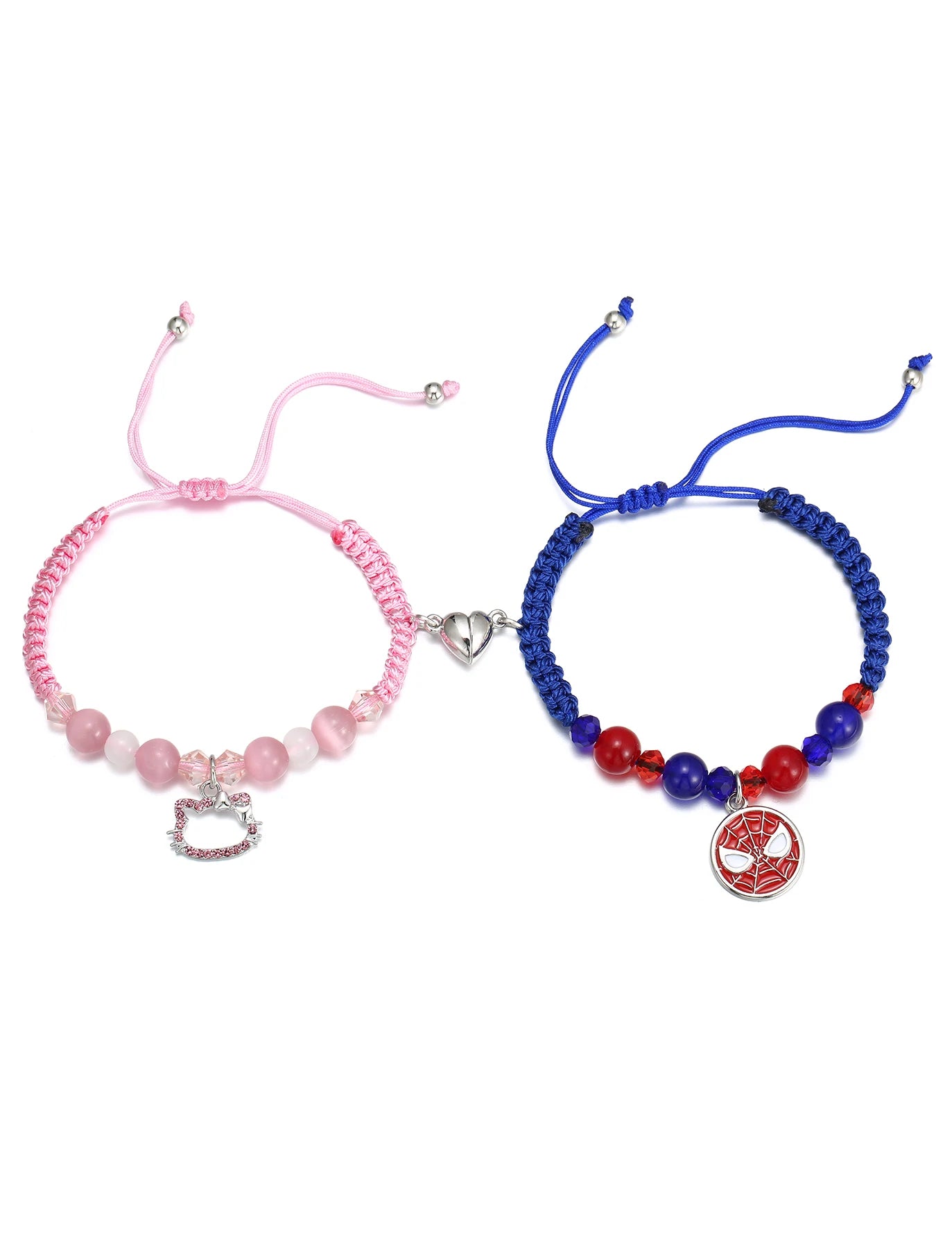 2 Pc Pink And Blue, String Spider And Cat, Heart Shaped Magnetic Couple's Bracelets