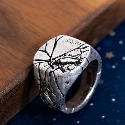 Silver Plated,  Big Square Vintage,  Cracked Signet Finger Ring For Men, By SUTEYI