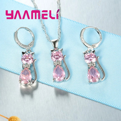 Real 925 Sterling Silver, Austrian Crystal, Cat Necklace