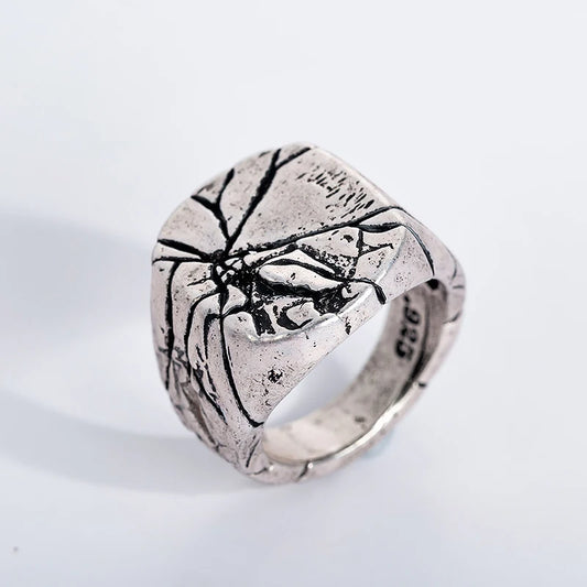 Silver Plated,  Big Square Vintage,  Cracked Signet Finger Ring For Men, By SUTEYI