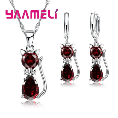 Real 925 Sterling Silver, Austrian Crystal, Cat Necklace