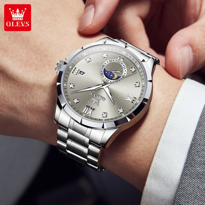 OLEV'S 2956 Men's, Luxury Brand, Waterproof, Calendar Moon Phase, Top Fashion, Stainless Steel Quartz, Chronograph Watch