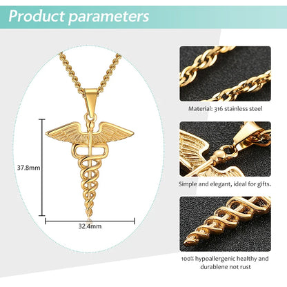 Medical  Stainless Steel, Double Snake Wings Pendant Necklace  Gift For Medical Professionals