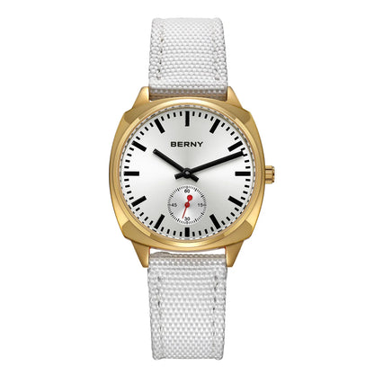 BERNY Gold Watch for Women Canvas Railway Watch Green Dial Ladies Wristwatch Quartz Pillow Watch Casual Fashion Ladies Watch