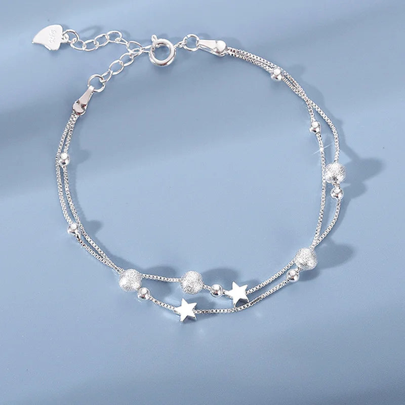 Luxury, 925 Sterling Silver, Star Beaded Bracelet for Women… Original Designer, Double Layered, Adjustable, Party Jewelry