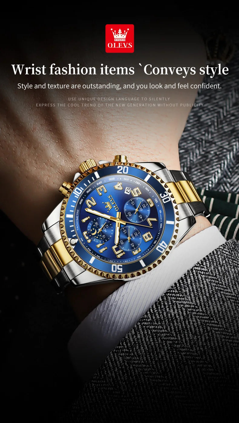 OLEV, S 2926 Men's, Luxury Brand, Waterproof, Calendar Moon Phase, Top Fashion, Stainless Steel Quartz, Chronograph Watch
