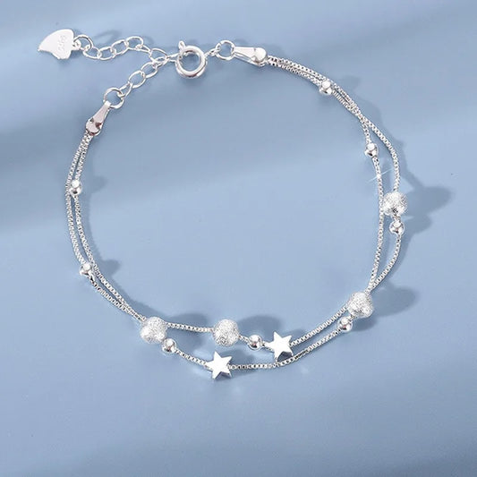 Luxury, 925 Sterling Silver, Star Beaded Bracelet for Women… Original Designer, Double Layered, Adjustable, Party Jewelry