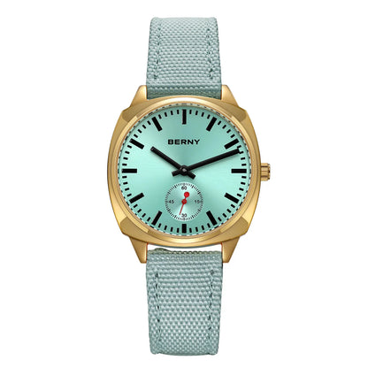BERNY Gold Watch for Women Canvas Railway Watch Green Dial Ladies Wristwatch Quartz Pillow Watch Casual Fashion Ladies Watch