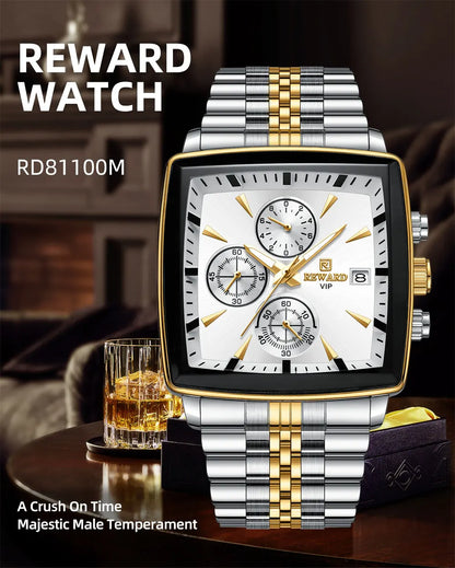 Men's Blue Luxury, Rectangular Business Quartz Wristwatch, Waterproof, with Luminous Hands, By REWARD