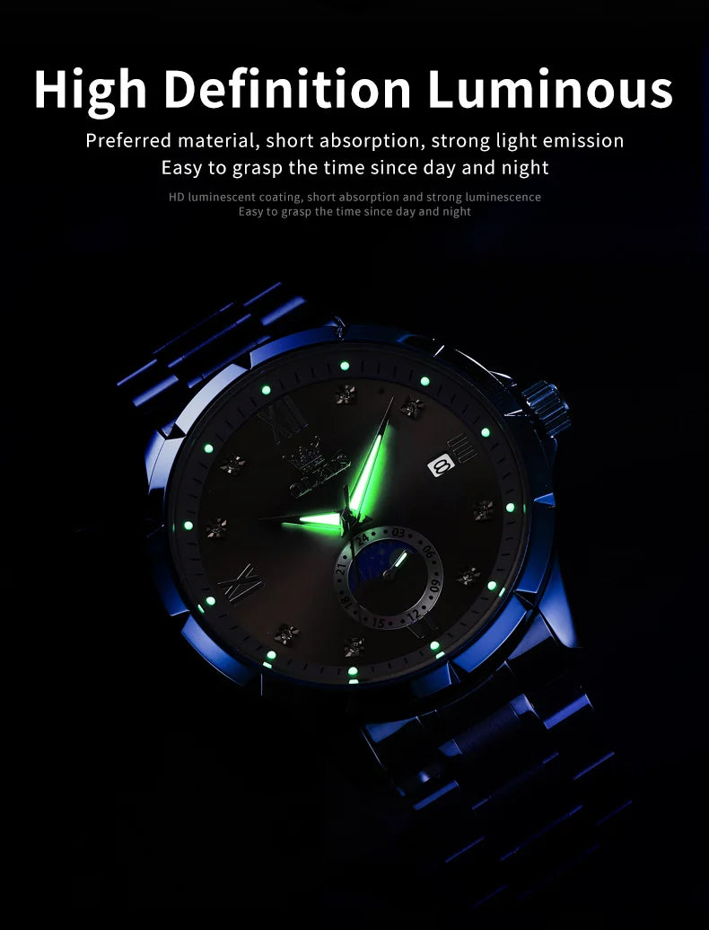 OLEV'S 2956 Men's, Luxury Brand, Waterproof, Calendar Moon Phase, Top Fashion, Stainless Steel Quartz, Chronograph Watch