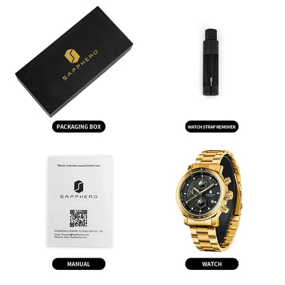 SAPPHERO, Luxury Brands, Gold Plated Stainless Steel, Men’s, Elegant, Waterproof, Quartz Watch…Perfect For That First Date