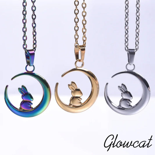 Stainless Steel, Kawaii Animal Rabbit Moon Pendant Necklaces For Women And Men. Please Invite,(Those Who Can), To Adopt Rabbits With This Gift Invitation.. Thank You!