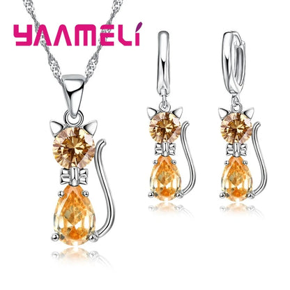Real 925 Sterling Silver, Austrian Crystal, Cat Necklace