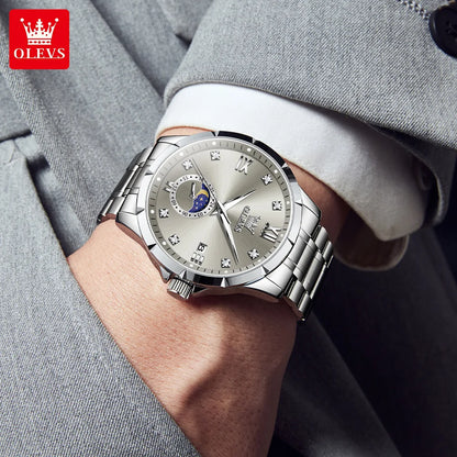 OLEV'S 2956 Men's, Luxury Brand, Waterproof, Calendar Moon Phase, Top Fashion, Stainless Steel Quartz, Chronograph Watch
