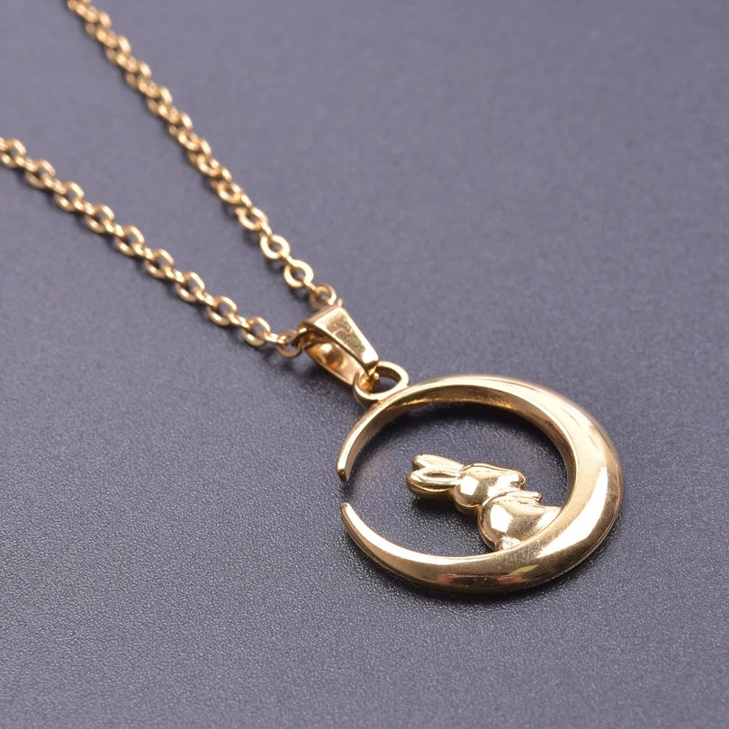 Stainless Steel, Kawaii Animal Rabbit Moon Pendant Necklaces For Women And Men. Please Invite,(Those Who Can), To Adopt Rabbits With This Gift Invitation.. Thank You!