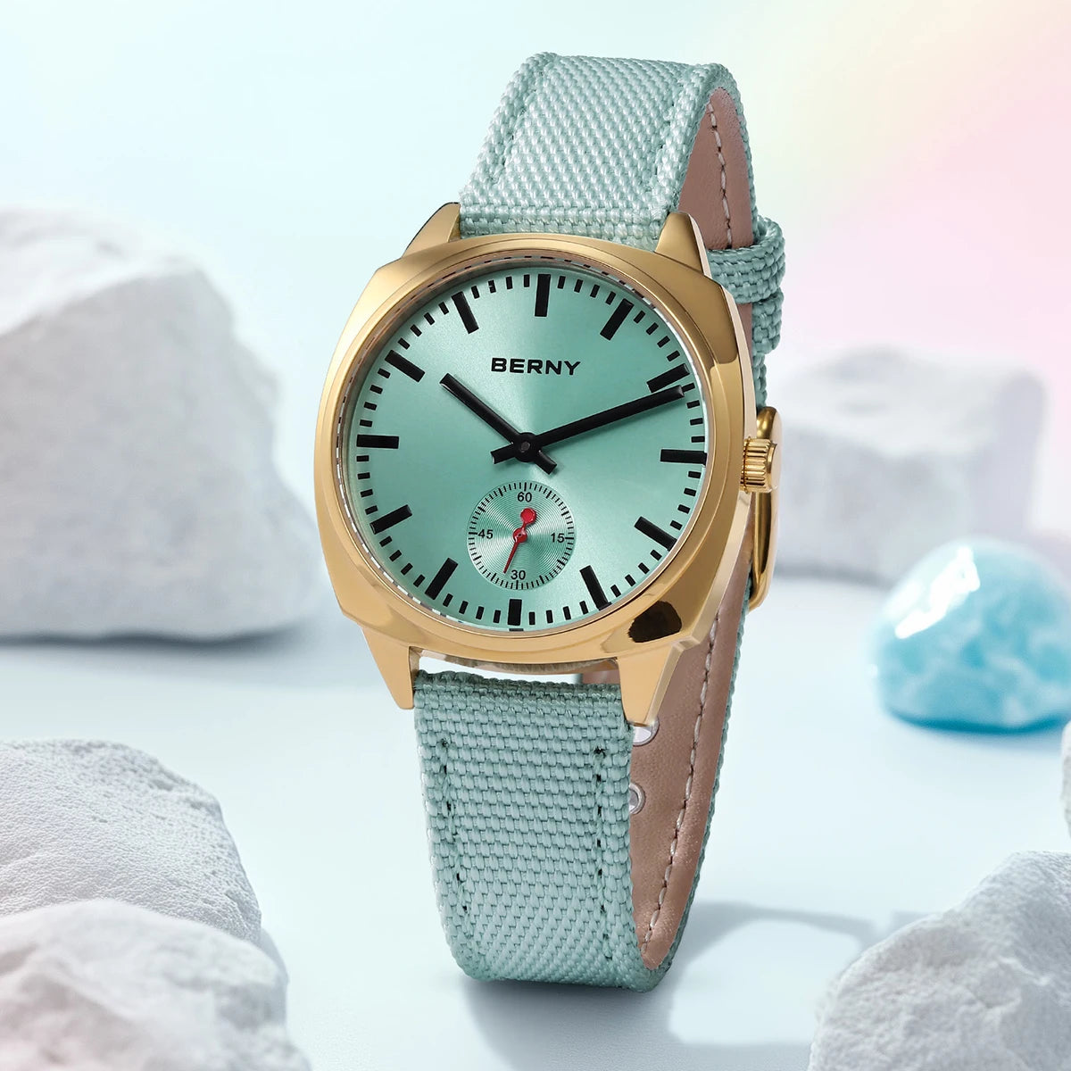 BERNY Gold Watch for Women Canvas Railway Watch Green Dial Ladies Wristwatch Quartz Pillow Watch Casual Fashion Ladies Watch