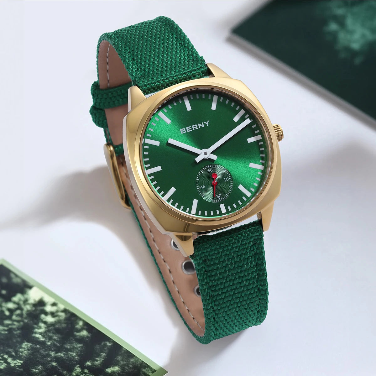 BERNY Gold Watch for Women Canvas Railway Watch Green Dial Ladies Wristwatch Quartz Pillow Watch Casual Fashion Ladies Watch