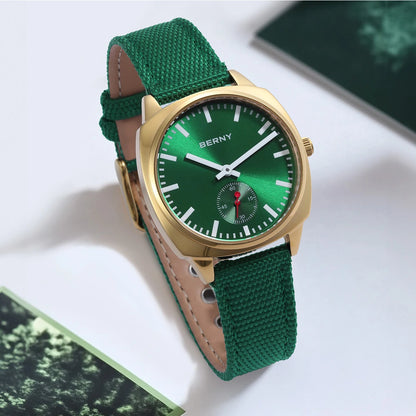 BERNY Gold Watch for Women Canvas Railway Watch Green Dial Ladies Wristwatch Quartz Pillow Watch Casual Fashion Ladies Watch