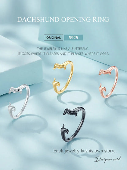 Genuine, 9.25 Sterling Silver, Cute Dachshund Dog Adjustable Ring, by WOSTU
