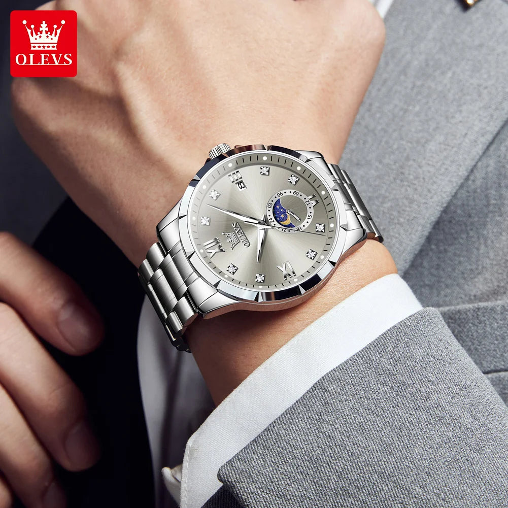 OLEV'S 2956 Men's, Luxury Brand, Waterproof, Calendar Moon Phase, Top Fashion, Stainless Steel Quartz, Chronograph Watch