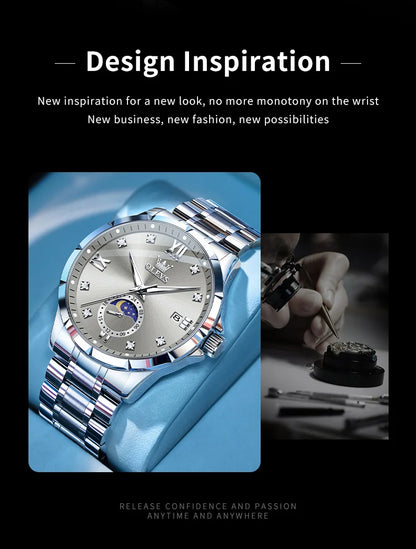 OLEV'S 2956 Men's, Luxury Brand, Waterproof, Calendar Moon Phase, Top Fashion, Stainless Steel Quartz, Chronograph Watch