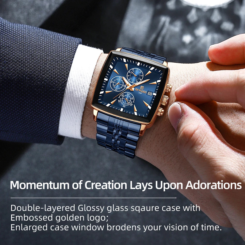 Men's Blue Luxury, Rectangular Business Quartz Wristwatch, Waterproof, with Luminous Hands, By REWARD