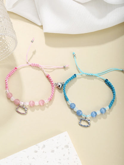 2 Pc Pink And Blue, String Spider And Cat, Heart Shaped Magnetic Couple's Bracelets