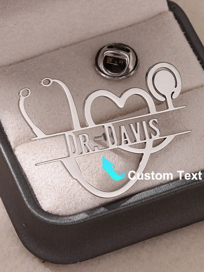 Personalized, Vintage Stethoscope, Heart Brooch Pin, Gold Plated Stainless Steel, Customized For Doctor, Nurse, Veterinarian
