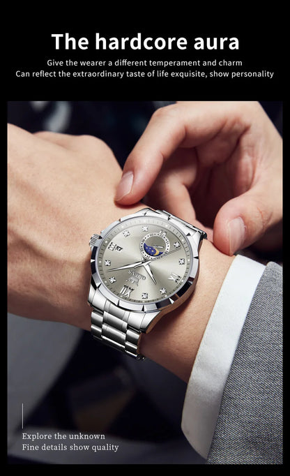 OLEV'S 2956 Men's, Luxury Brand, Waterproof, Calendar Moon Phase, Top Fashion, Stainless Steel Quartz, Chronograph Watch