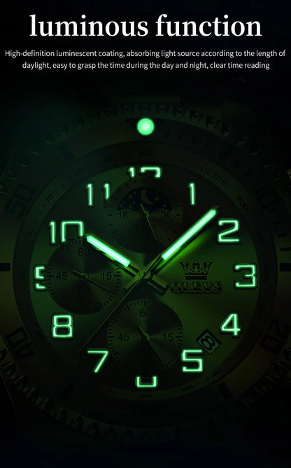 OLEV, S 2926 Men's, Luxury Brand, Waterproof, Calendar Moon Phase, Top Fashion, Stainless Steel Quartz, Chronograph Watch
