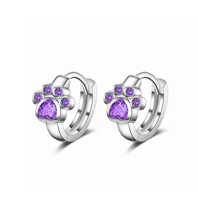 Genuine 9.25 Sterling Silver Zirconia Dog Paw Hoop Earrings for Women