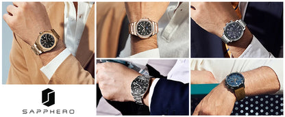 SAPPHERO, Luxury Brands, Gold Plated Stainless Steel, Men’s, Elegant, Waterproof, Quartz Watch…Perfect For That First Date