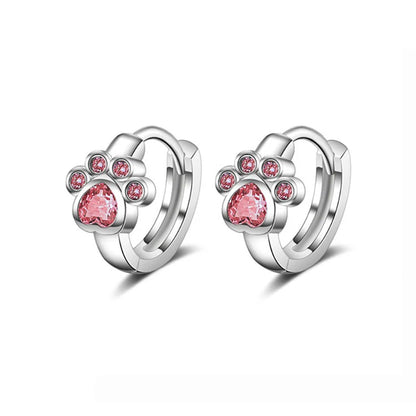 Genuine 9.25 Sterling Silver Zirconia Dog Paw Hoop Earrings for Women