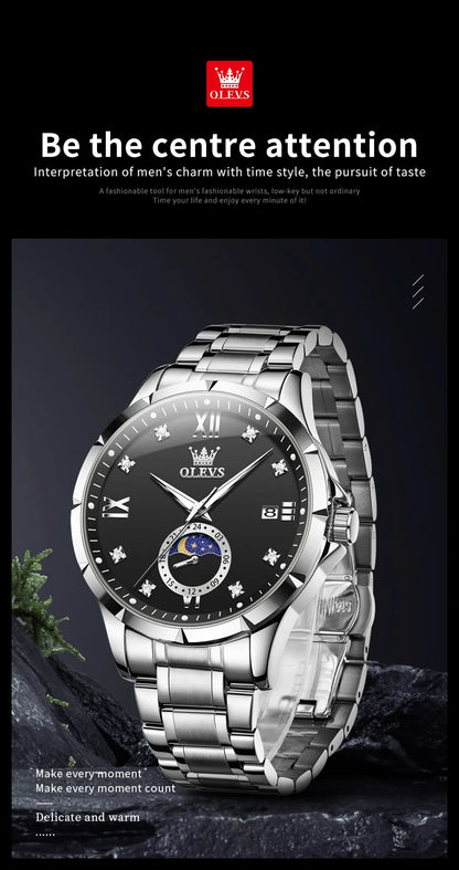 OLEV'S 2956 Men's, Luxury Brand, Waterproof, Calendar Moon Phase, Top Fashion, Stainless Steel Quartz, Chronograph Watch