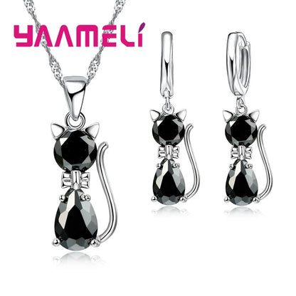 Real 925 Sterling Silver, Austrian Crystal, Cat Necklace