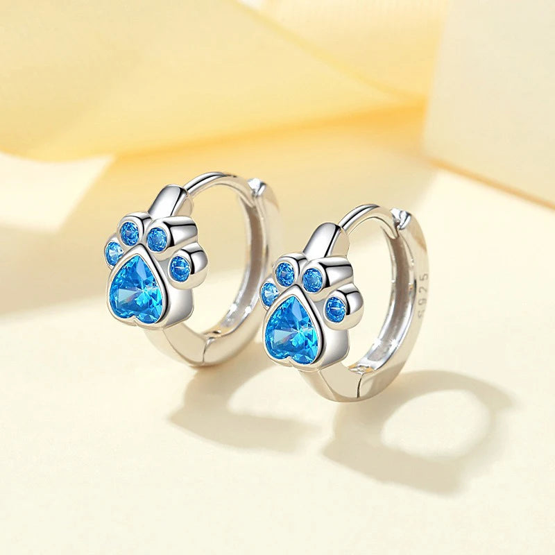 Genuine 9.25 Sterling Silver Zirconia Dog Paw Hoop Earrings for Women
