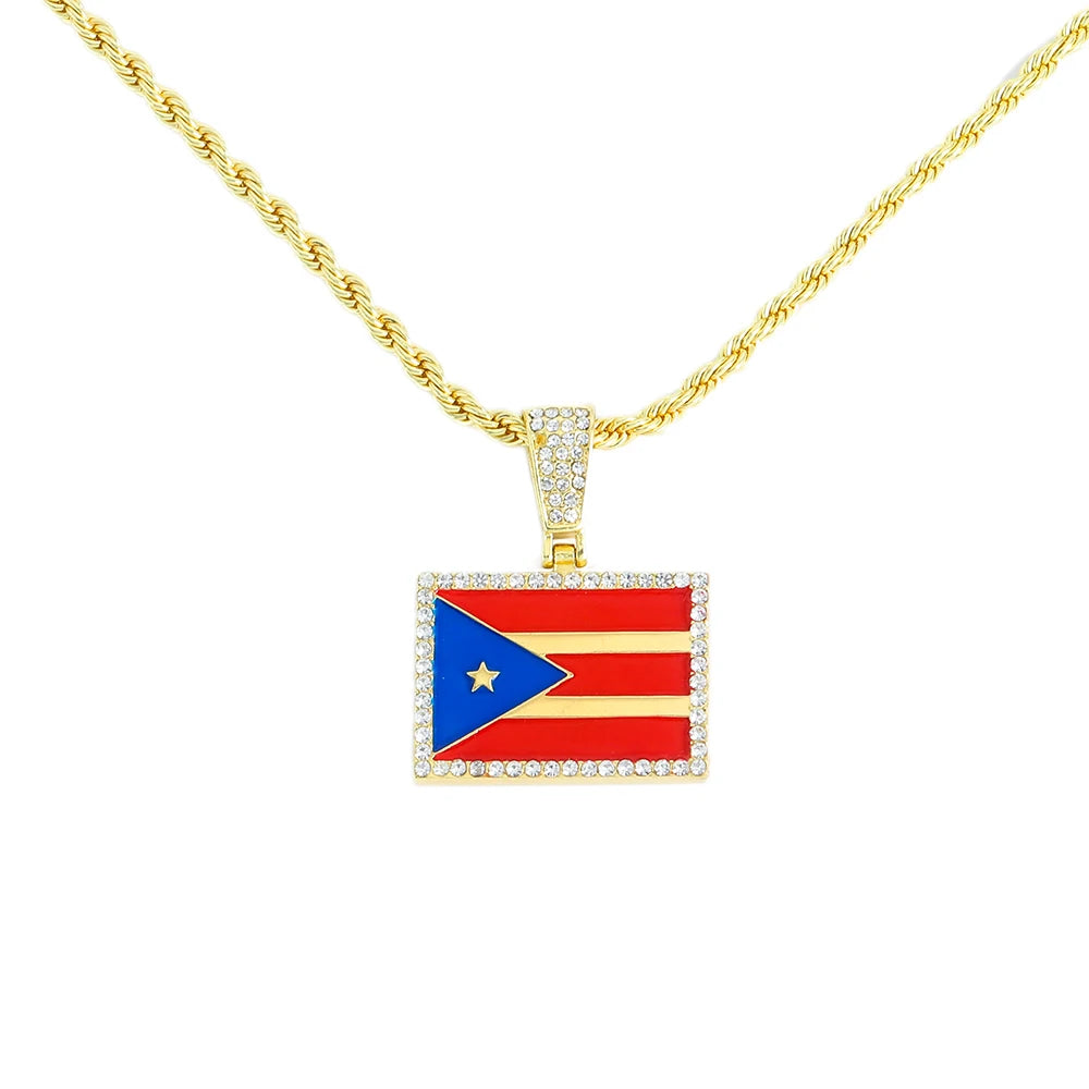 New Heart Puerto Rico Map/Flag Pendant Necklace With Imitation Rhinestones & 4mm Rope Link Chain, Stylish Jewelry For Men & Women