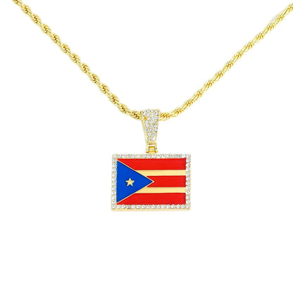New Heart Puerto Rico Map/Flag Pendant Necklace With Imitation Rhinestones & 4mm Rope Link Chain, Stylish Jewelry For Men & Women