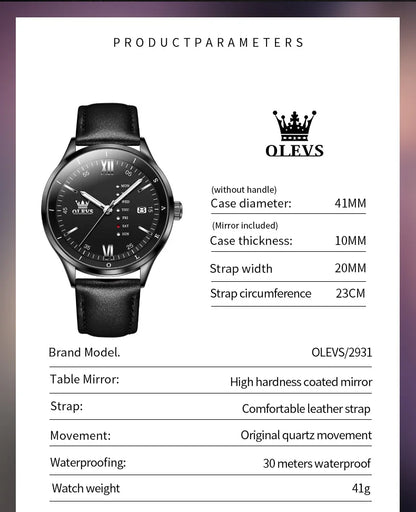 New, Waterproof Luminous, Automatic Date,  Quartz Wristwatch For Men, By OLEVS