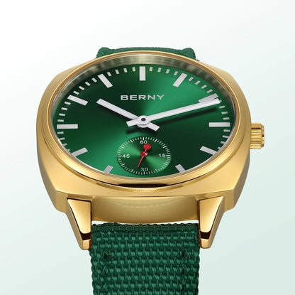 BERNY Gold Watch for Women Canvas Railway Watch Green Dial Ladies Wristwatch Quartz Pillow Watch Casual Fashion Ladies Watch