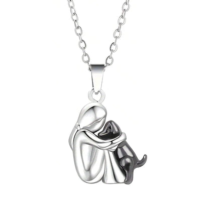 Cute, Two-Tone Girl Hugging Dog Necklace
