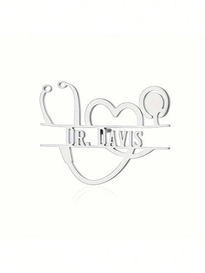 Personalized, Vintage Stethoscope, Heart Brooch Pin, Gold Plated Stainless Steel, Customized For Doctor, Nurse, Veterinarian