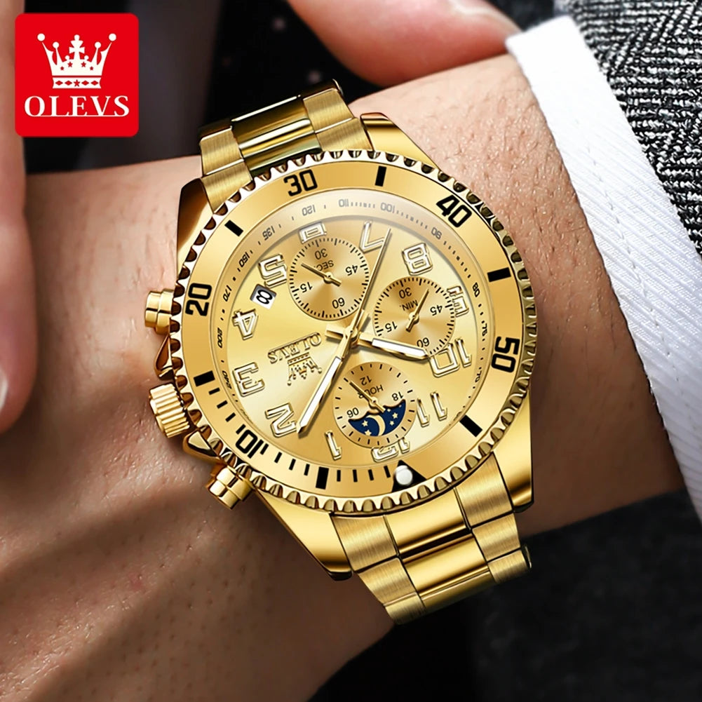 OLEV, S 2926 Men's, Luxury Brand, Waterproof, Calendar Moon Phase, Top Fashion, Stainless Steel Quartz, Chronograph Watch