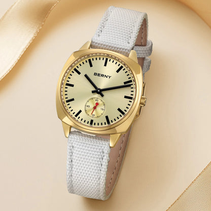 BERNY Gold Watch for Women Canvas Railway Watch Green Dial Ladies Wristwatch Quartz Pillow Watch Casual Fashion Ladies Watch