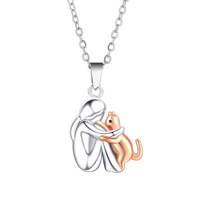 Cute, Two-Tone Girl Hugging Dog Necklace